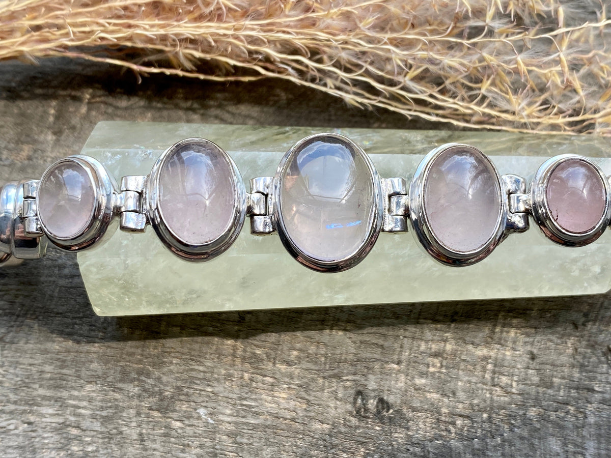 Romantic Rose Quartz Oval Hinged 925 Silver Bracelet - Crystal Healing Meditation