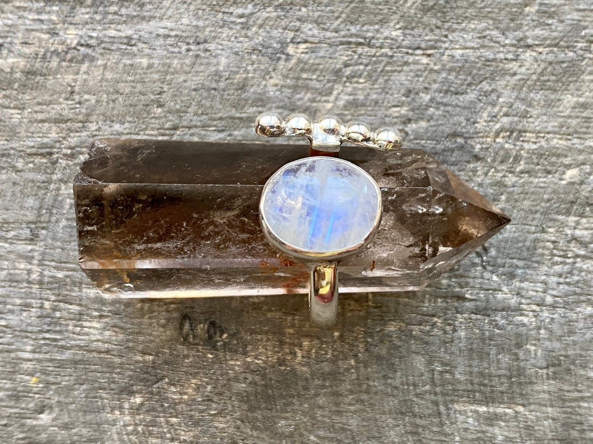 Moonstone and Sun 925 Silver Ring Size 7.5 - Crystal Healing Meditation