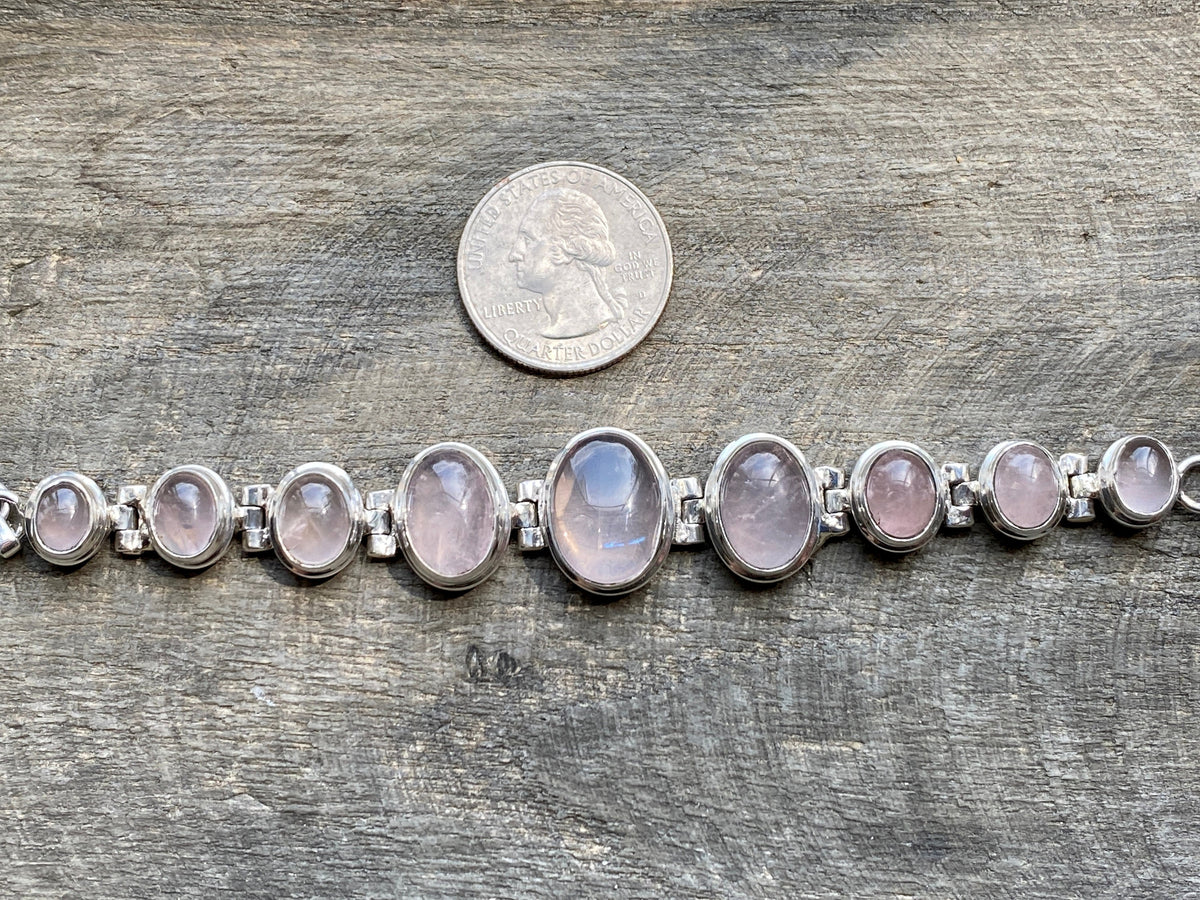 Romantic Rose Quartz Oval Hinged 925 Silver Bracelet - Crystal Healing Meditation