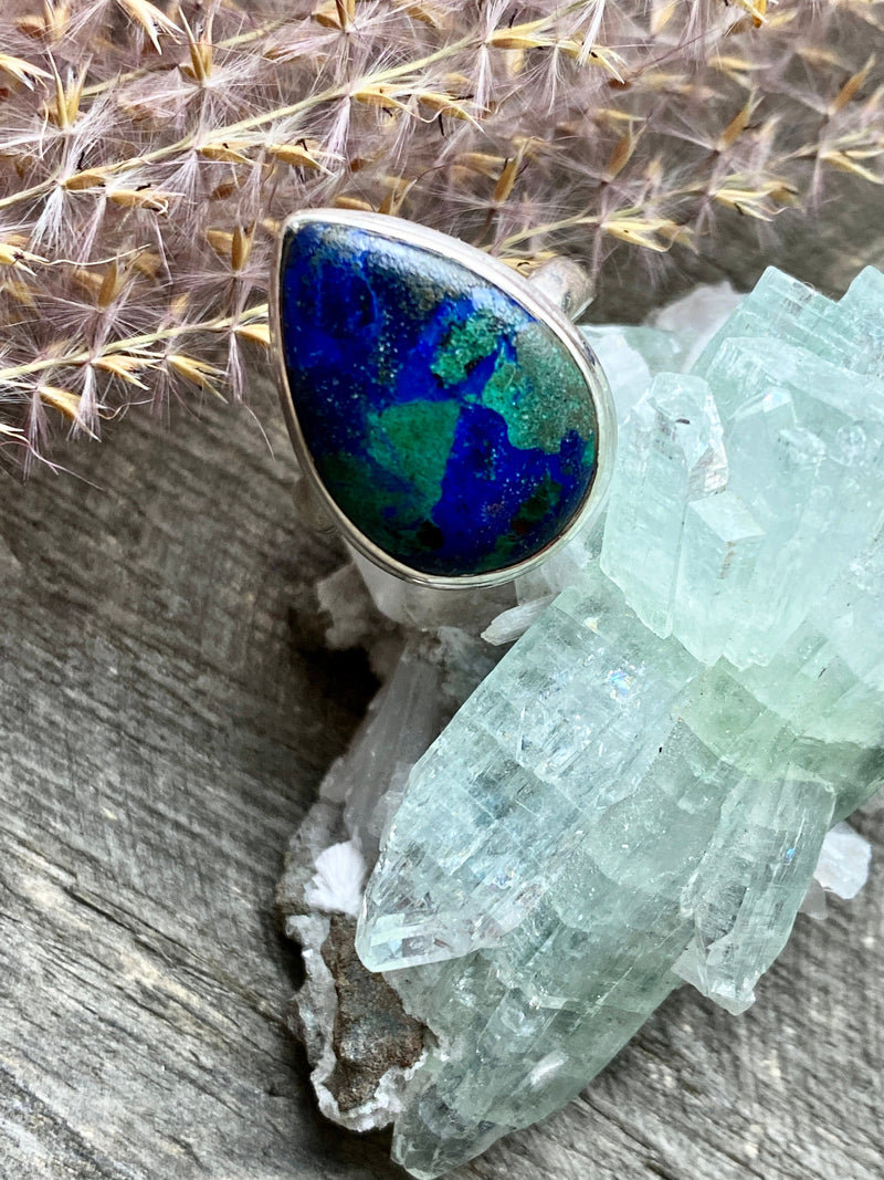 Azurite in Malachite  Ring Size 7-  Handmade Sterling Silver Jewelry - Crystal Healing, Meditation