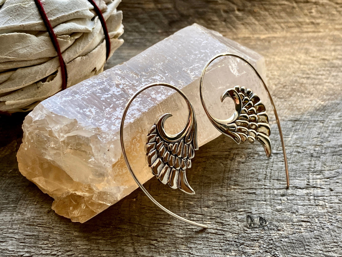 Angel Wings 925 Silver Handmade Slider Loop Earrings - Healing Meditation