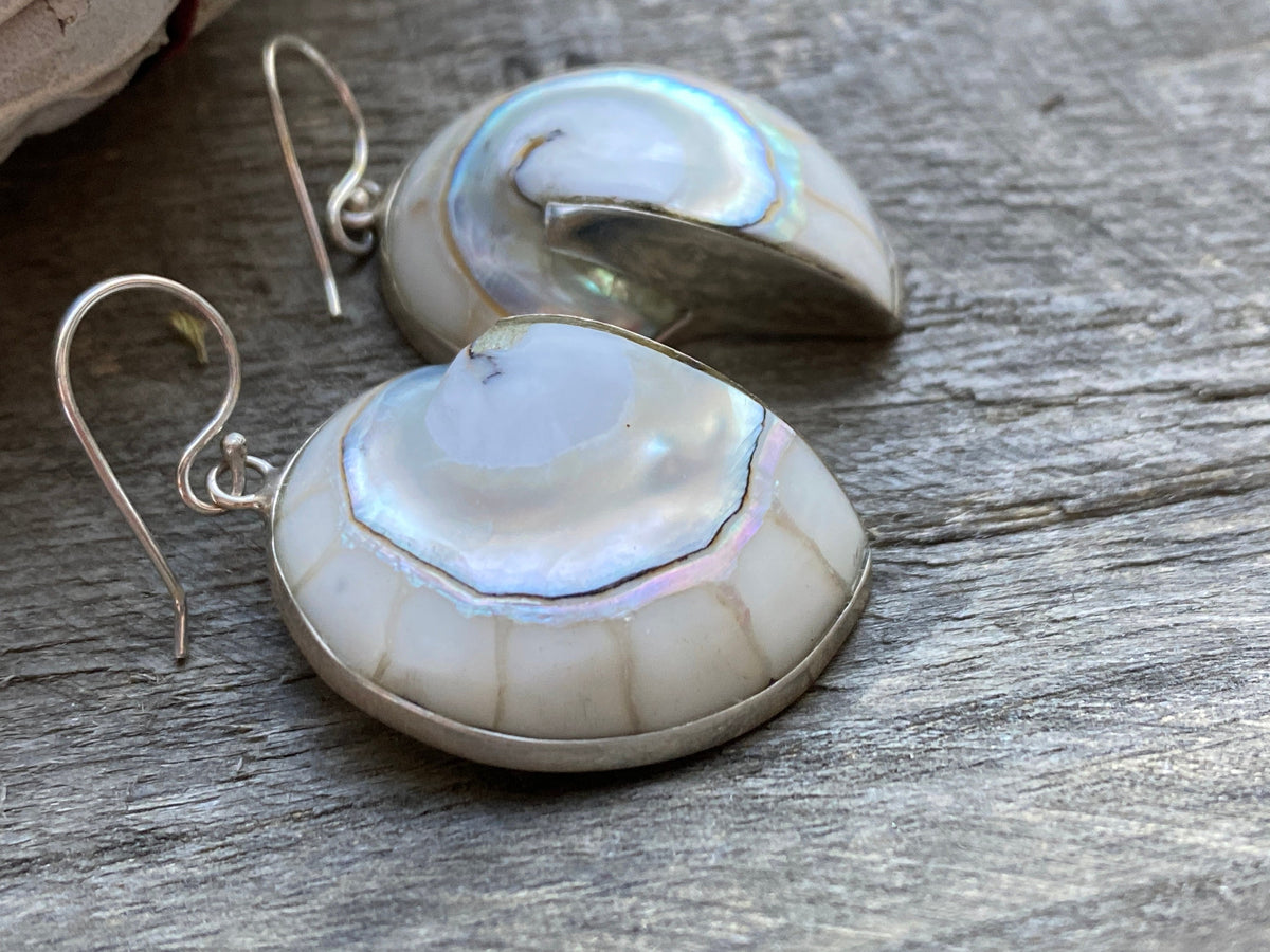 Nautilus Shell with Mother of Pearl and White Resin 925 Silver Handmade Earrings - Crystal Healing Meditation