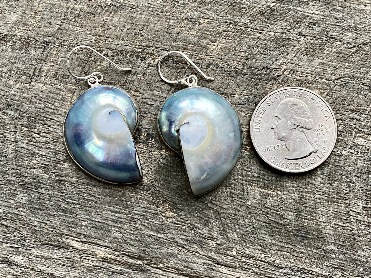 Nautilus Shell with Mother of Pearl 925 Silver Handmade Earrings - Crystal Healing Meditation