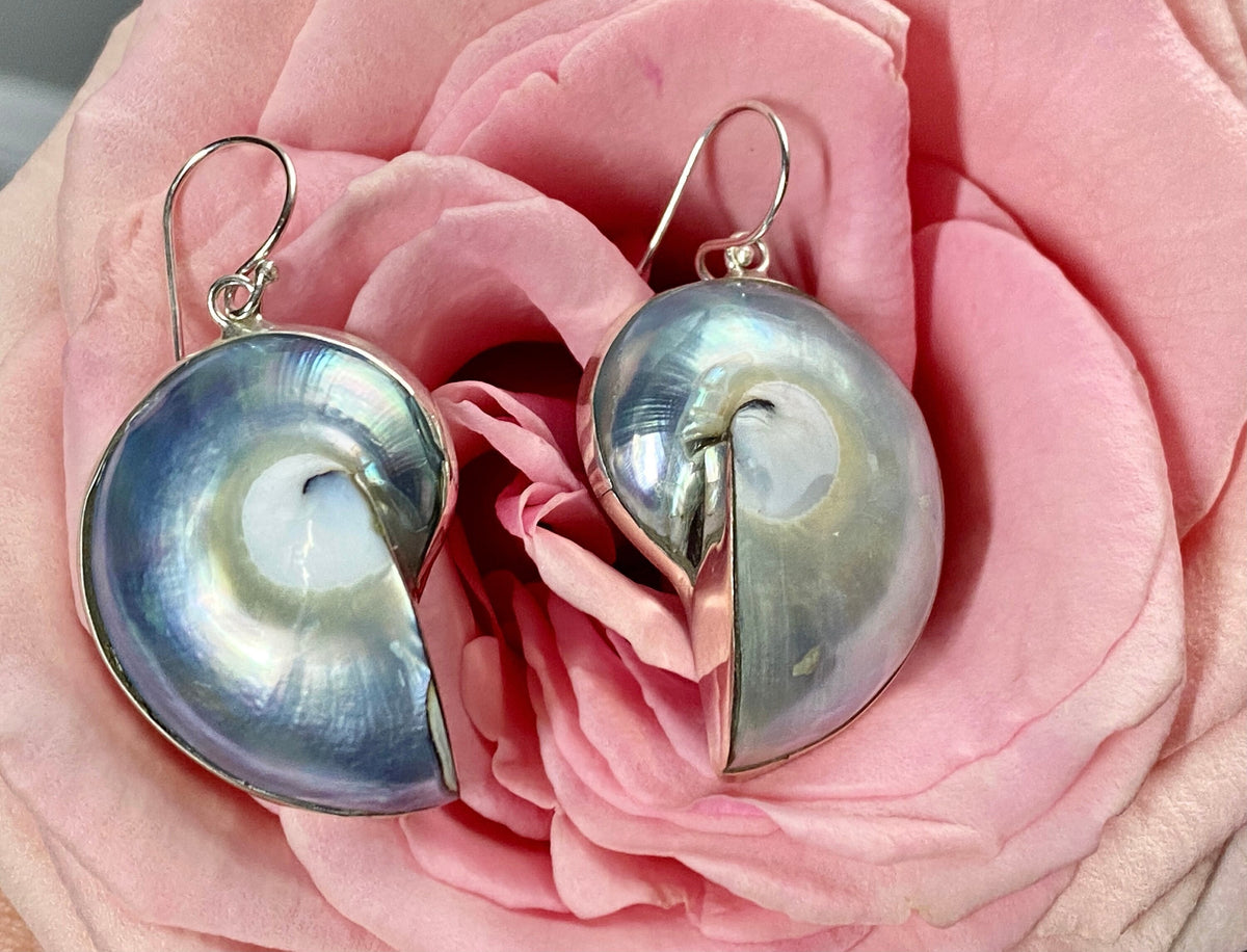 Nautilus Shell with Mother of Pearl 925 Silver Handmade Earrings - Crystal Healing Meditation