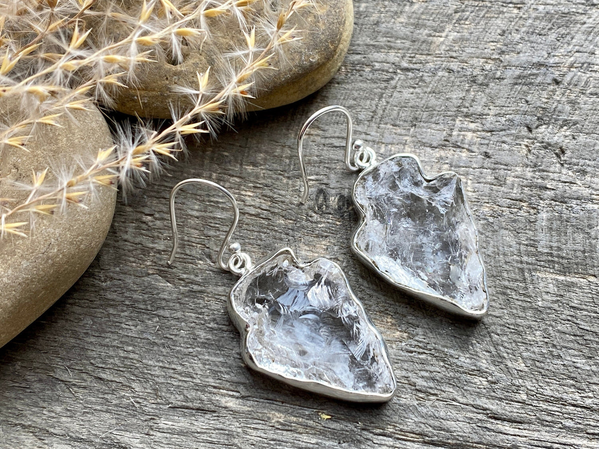 Arrowhead Fire and Ice Quartz 925 Sterling Silver Earrings Handmade Sterling Silver Jewelry - Crystal Healing, Meditation