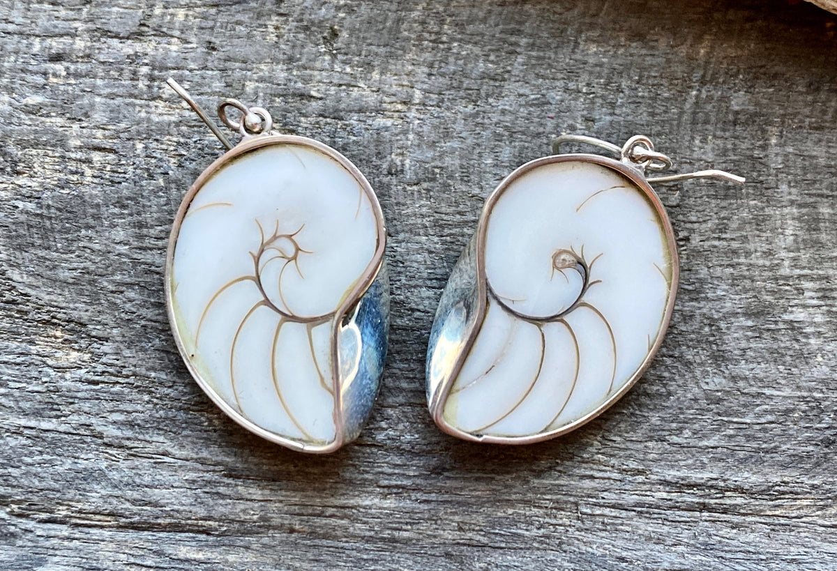 Nautilus Shell with Mother of Pearl and White Resin 925 Silver Handmade Earrings - Crystal Healing Meditation