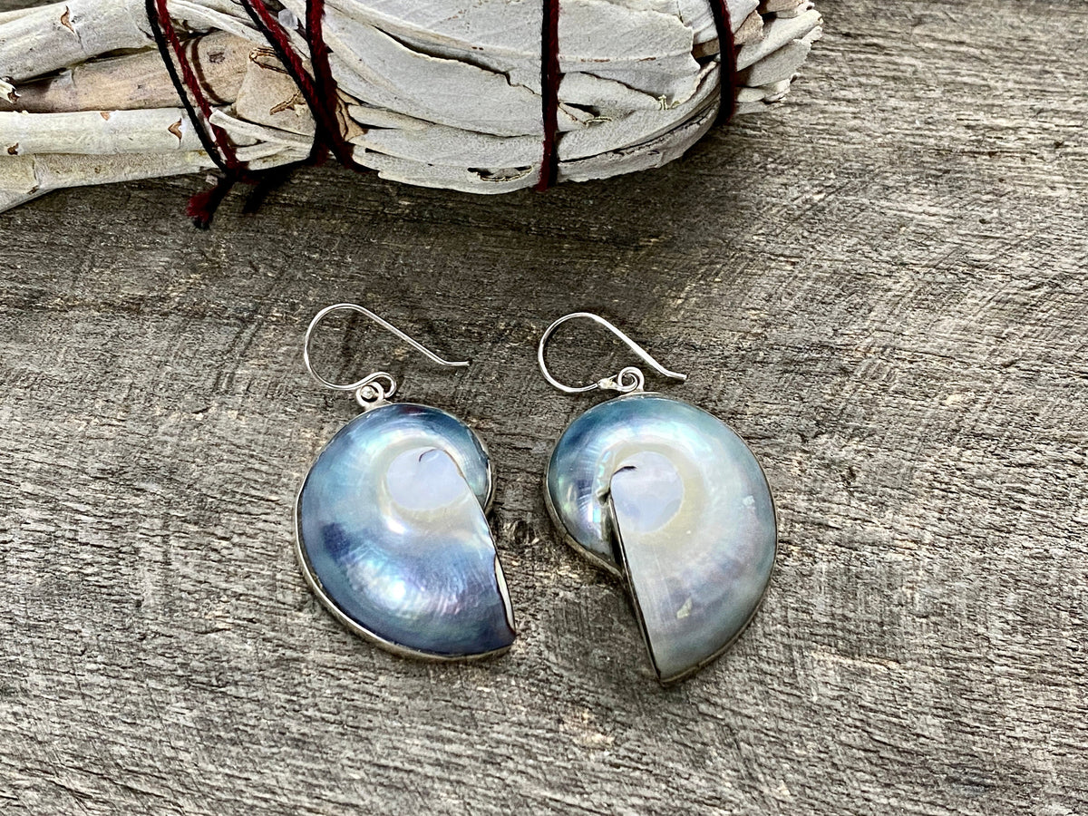 Nautilus Shell with Mother of Pearl 925 Silver Handmade Earrings - Crystal Healing Meditation