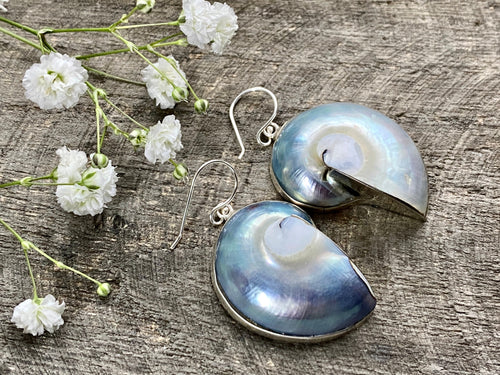 Nautilus Shell with Mother of Pearl 925 Silver Handmade Earrings - Crystal Healing Meditation