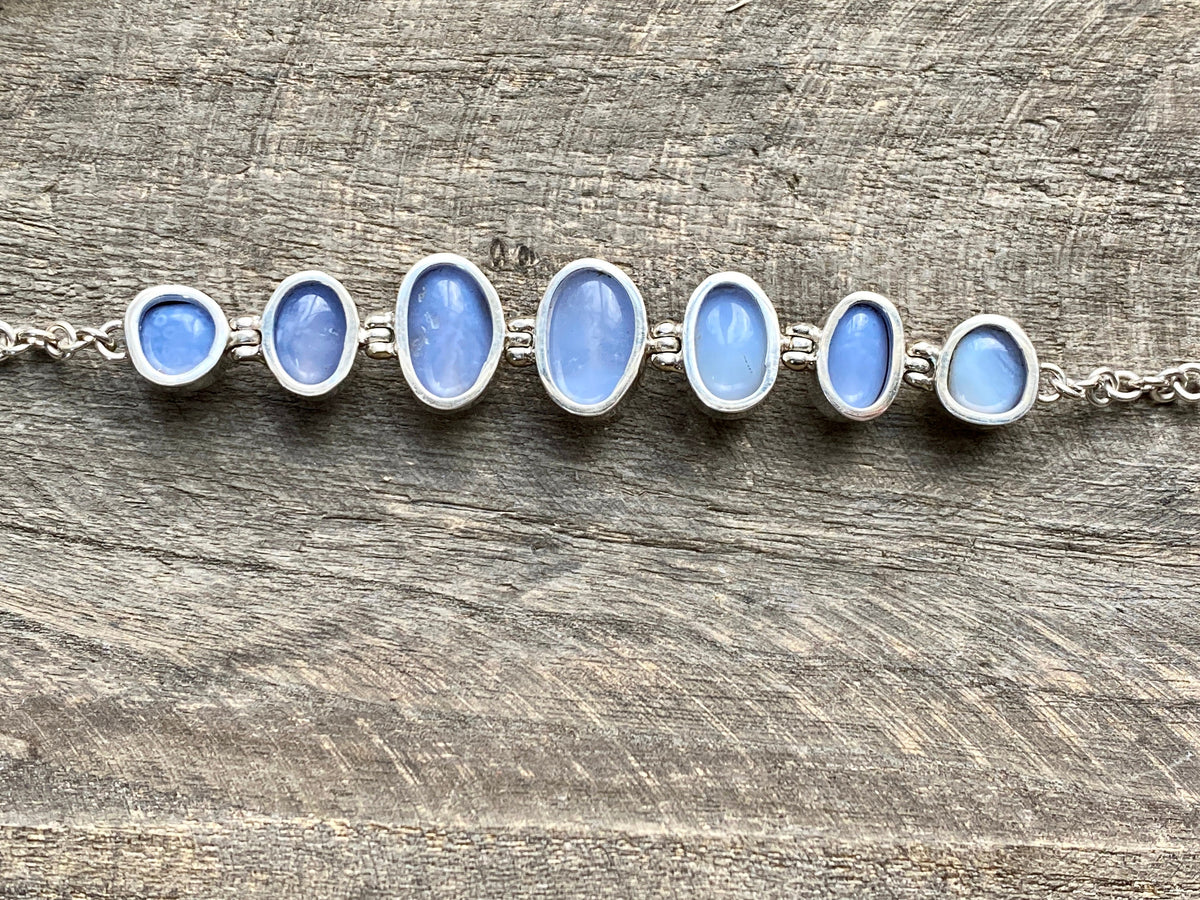 Beautiful Blue Lace Agate Oval Hinged 925 Silver Bracelet - Crystal Healing Meditation