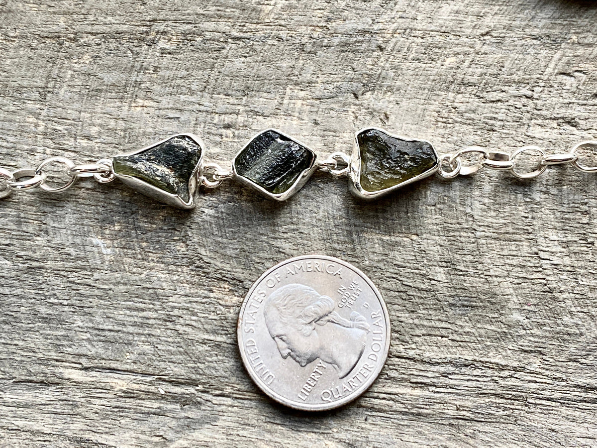 Genuine 3 Stone Czech Moldavite 925 Silver Handmade Bracelet - Crystal Healing Meditation