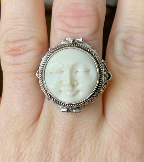 Hand Carved Goddess Moon Face 925 Silver Handmade Locket Poison Ring Large Small or Tiny - Crystal Healing Meditation