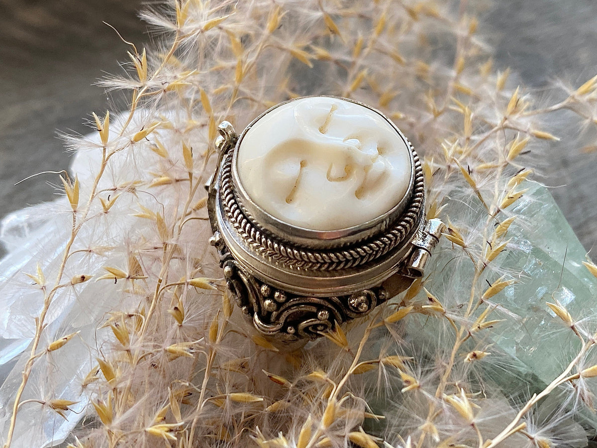 Hand Carved Goddess Moon Face 925 Silver Handmade Locket Poison Ring Large Small or Tiny - Crystal Healing Meditation