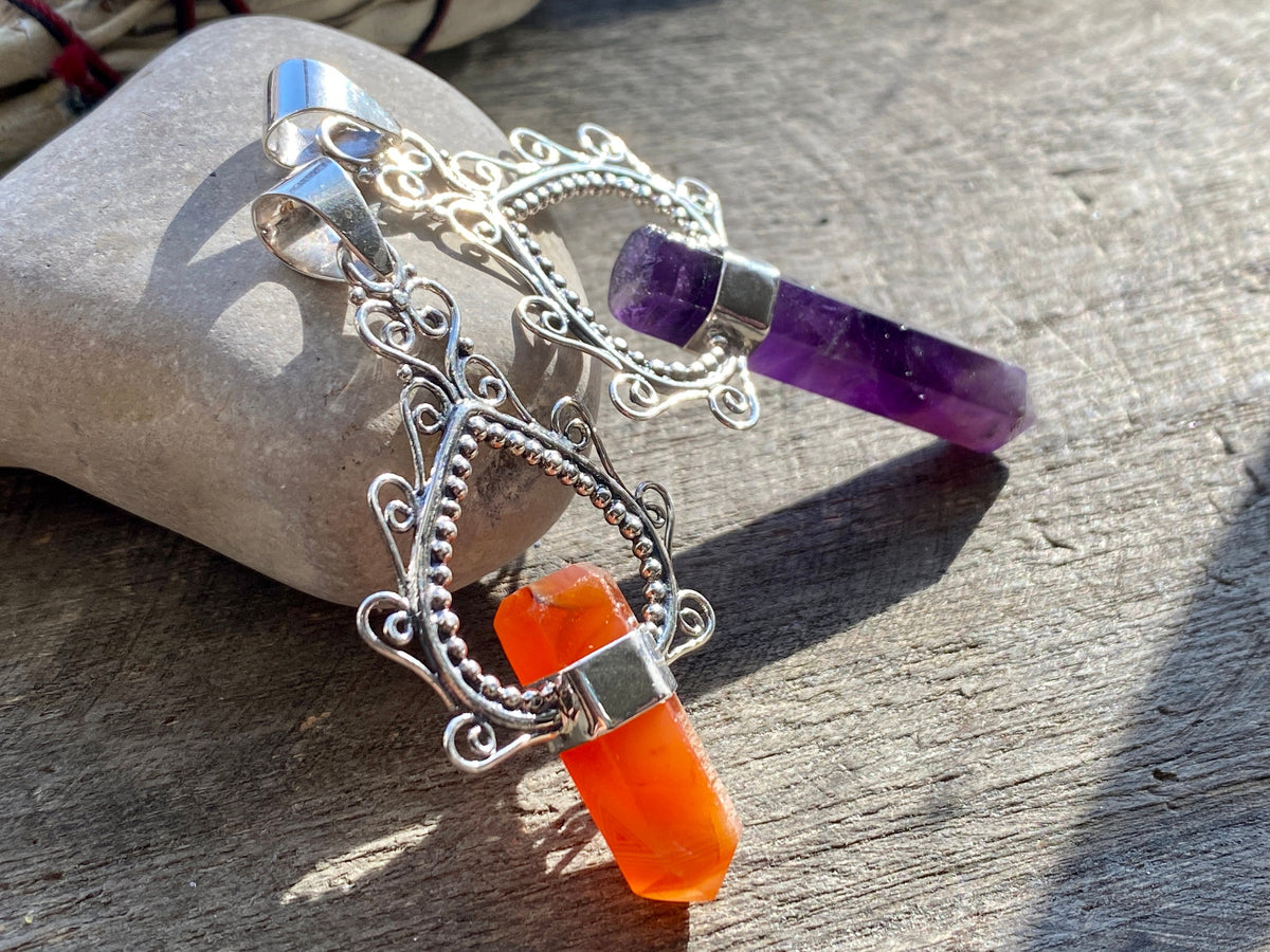 Crystal Amethyst Carnelian Point 925 Silver Handmade Pendant - Crystal Healing Meditation