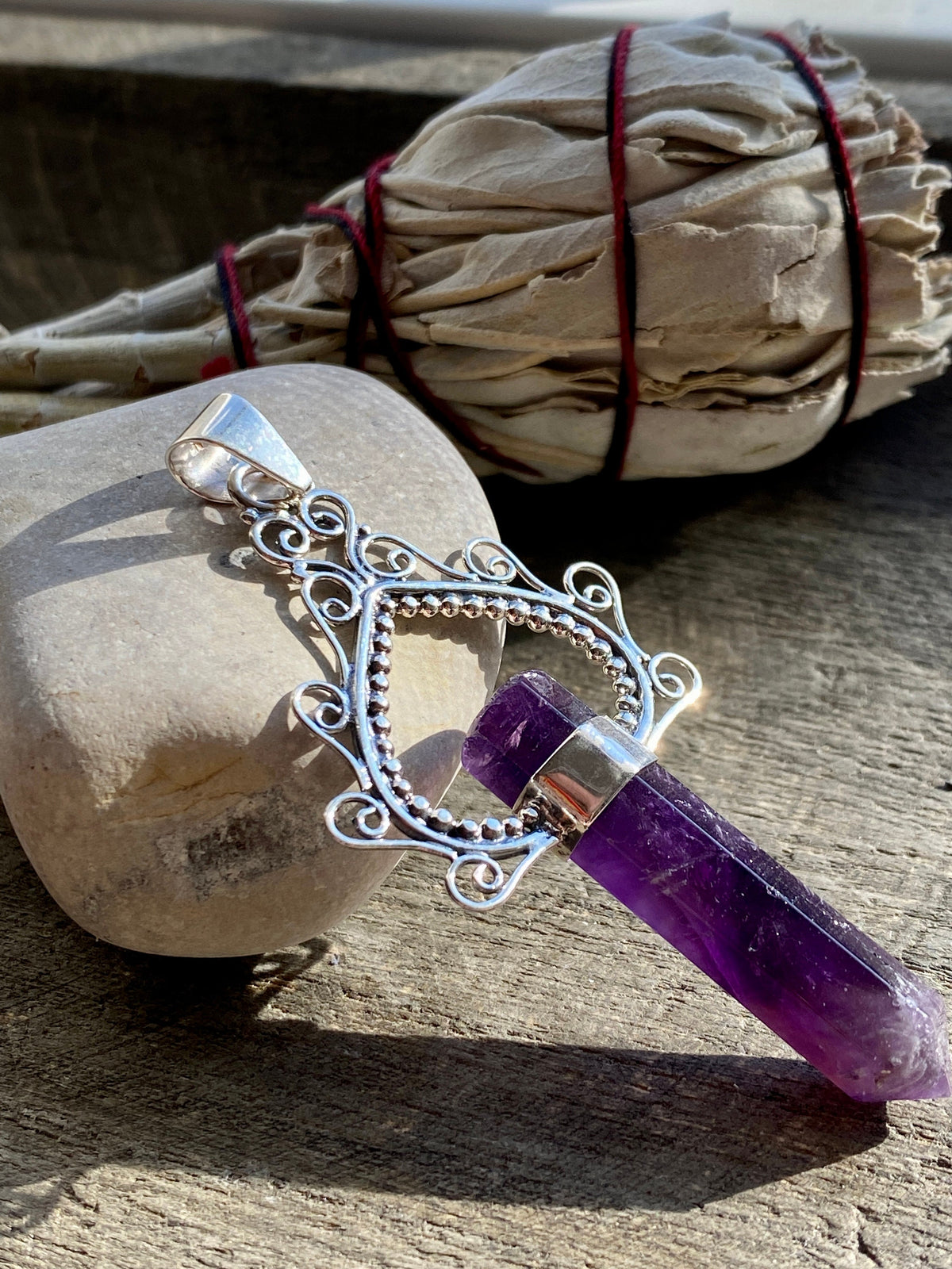 Crystal Amethyst Carnelian Point 925 Silver Handmade Pendant - Crystal Healing Meditation