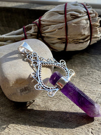 Crystal Amethyst Carnelian Point 925 Silver Handmade Pendant - Crystal Healing Meditation