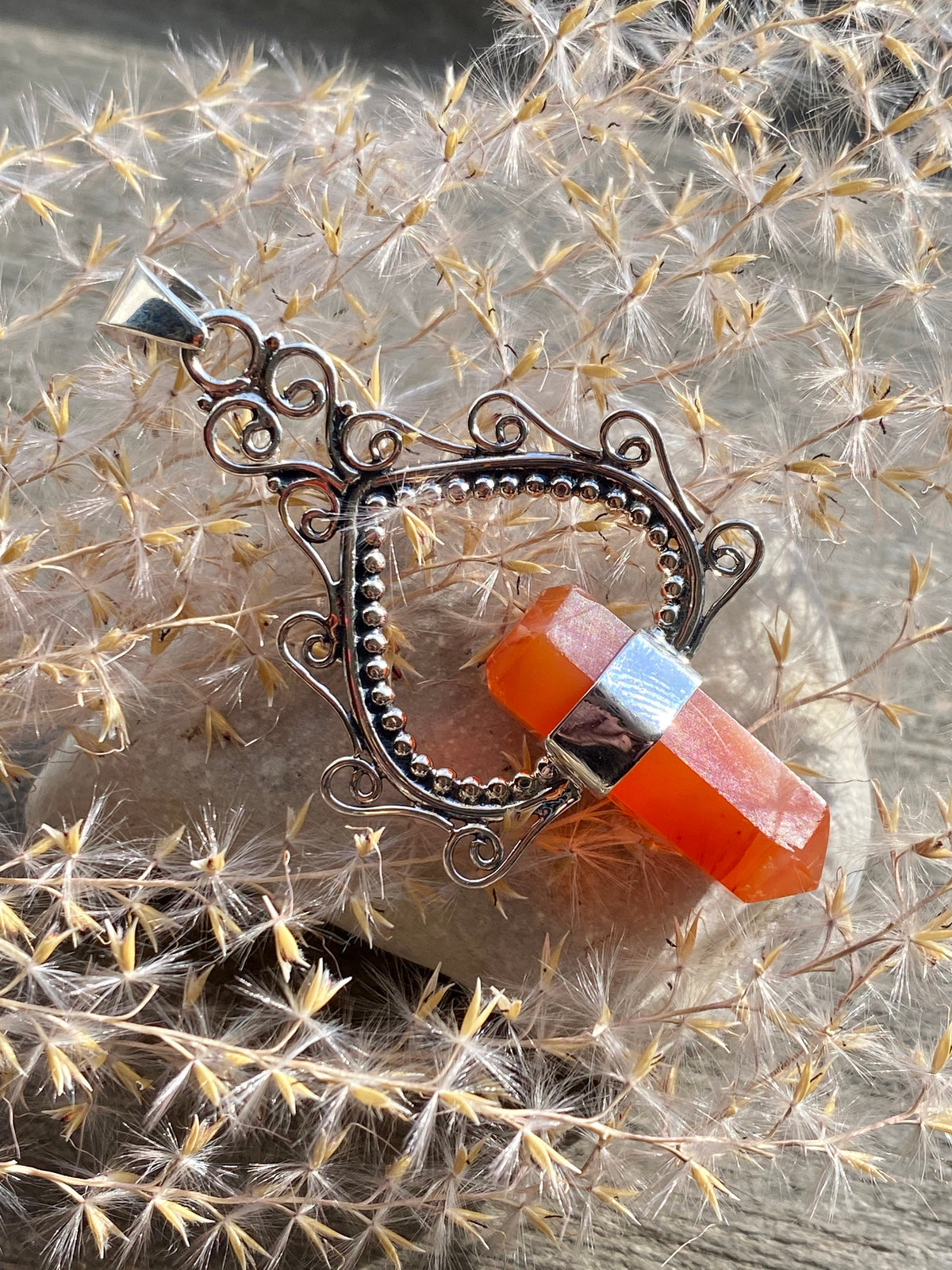 Crystal Amethyst Carnelian Point 925 Silver Handmade Pendant - Crystal Healing Meditation