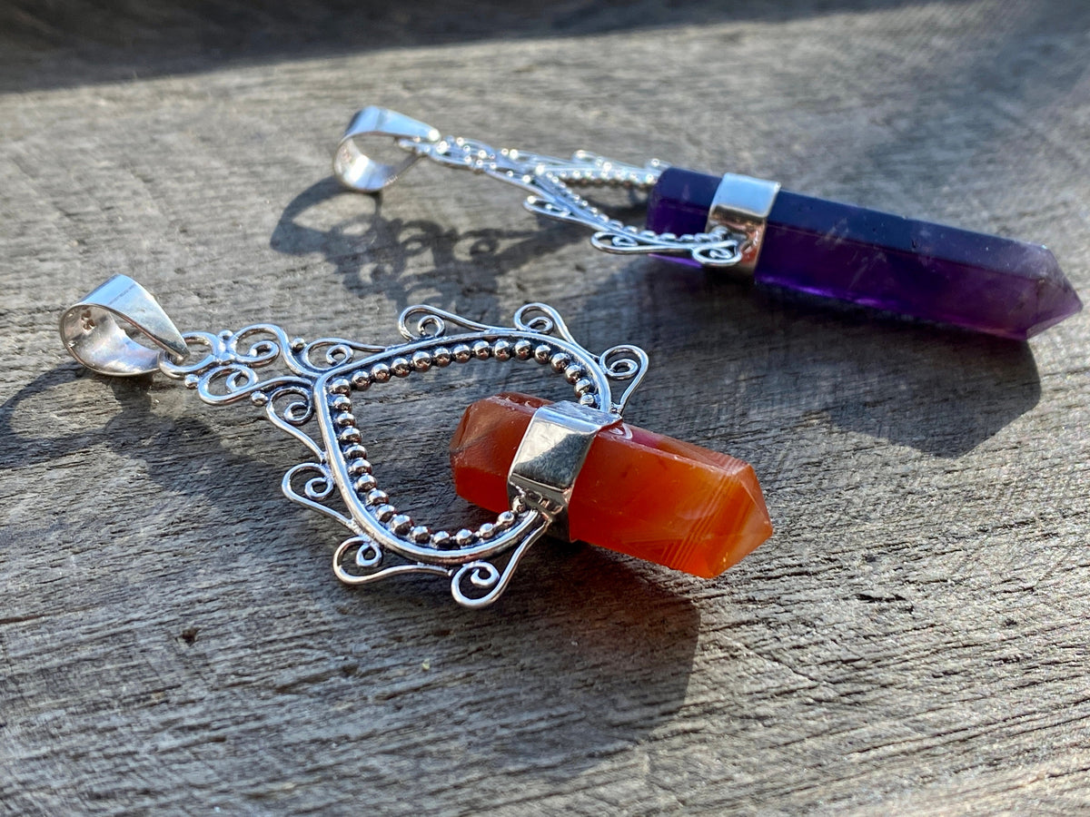 Crystal Amethyst Carnelian Point 925 Silver Handmade Pendant - Crystal Healing Meditation