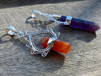 Crystal Amethyst Carnelian Point 925 Silver Handmade Pendant - Crystal Healing Meditation