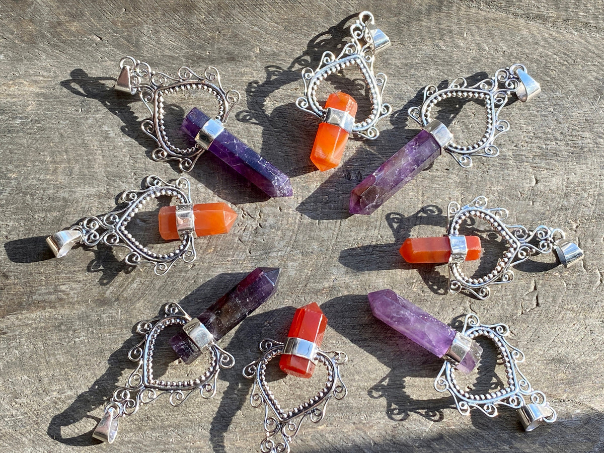 Crystal Amethyst Carnelian Point 925 Silver Handmade Pendant - Crystal Healing Meditation