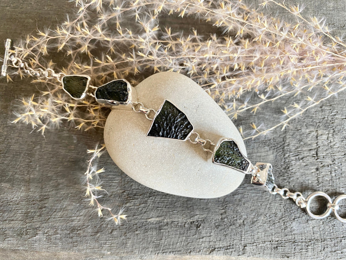 Genuine 5 StoneCzech Moldavite 5 Stone 925 Silver Handmade Bracelet - Crystal Healing Meditation