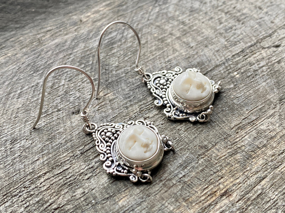 Hand Carved Goddess Moon Face 925 Silver Handmade Earrings - Crystal Healing Meditation