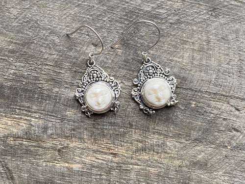 Hand Carved Goddess Moon Face 925 Silver Handmade Earrings - Crystal Healing Meditation