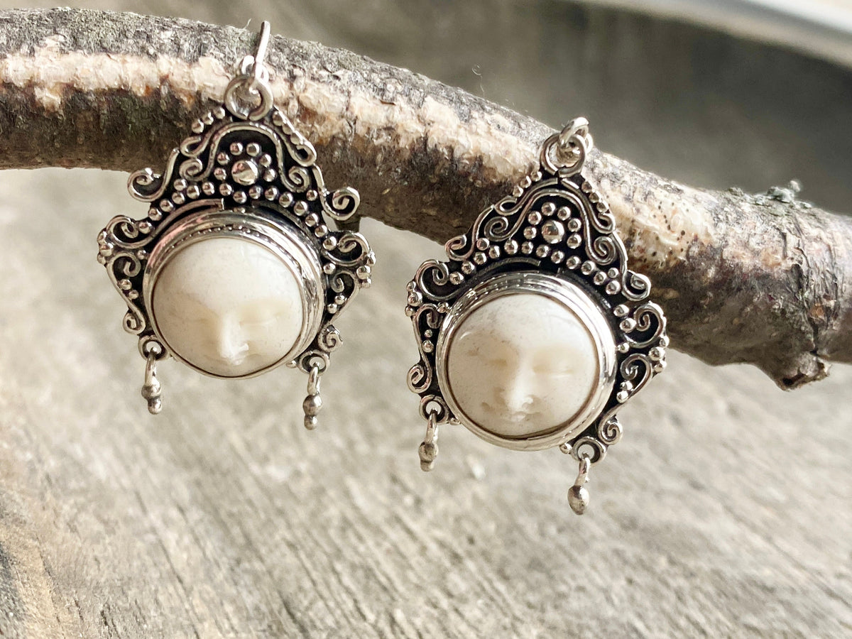 Hand Carved Goddess Moon Face 925 Silver Handmade Earrings - Crystal Healing Meditation