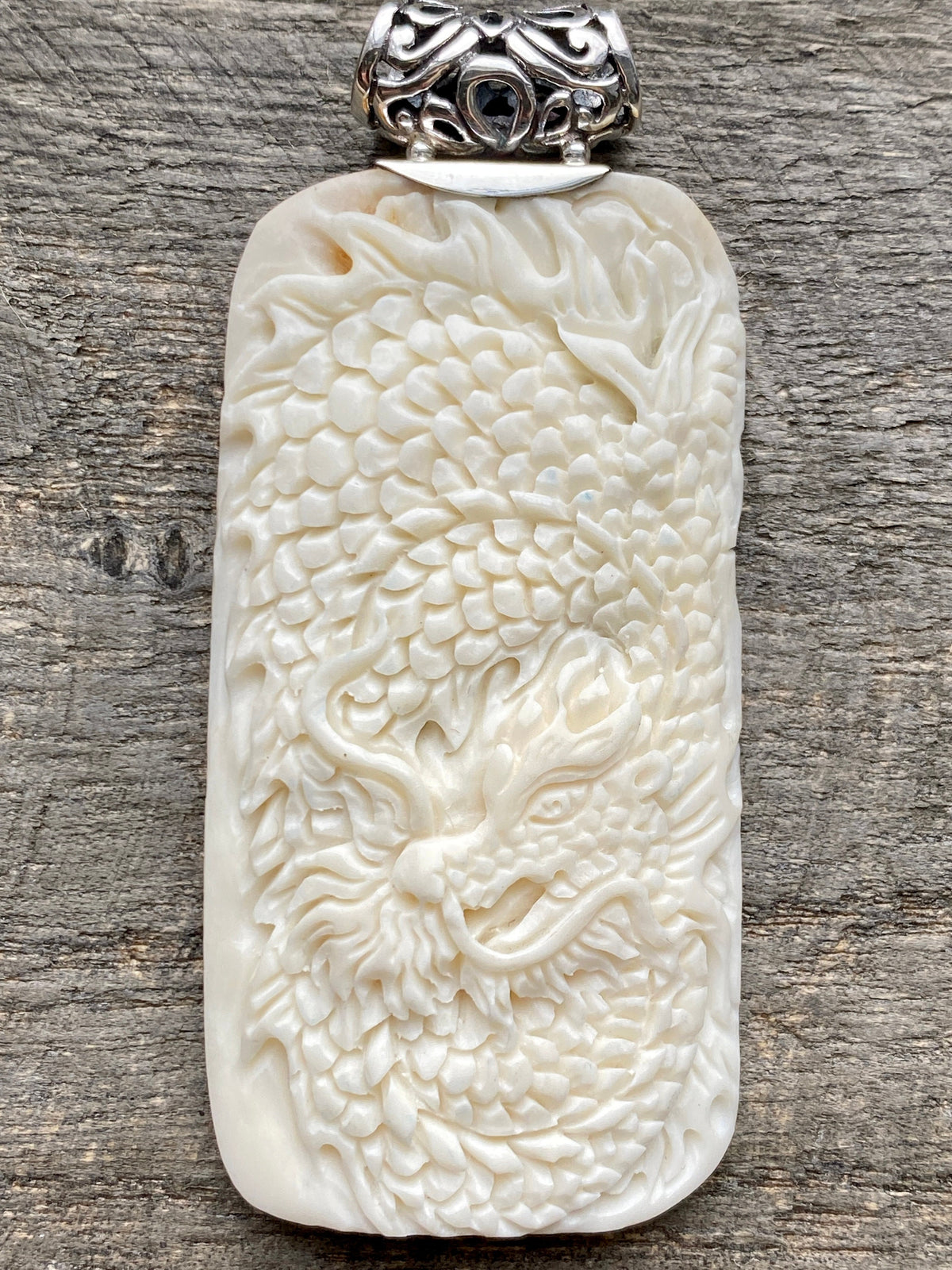 Dragon Hand Carved Bovine Bone 925 Silver Handmade Pendant - Crystal Healing Meditation