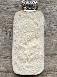 Dragon Hand Carved Bovine Bone 925 Silver Handmade Pendant - Crystal Healing Meditation