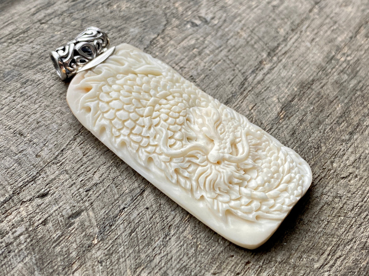 Dragon Hand Carved Bovine Bone 925 Silver Handmade Pendant - Crystal Healing Meditation