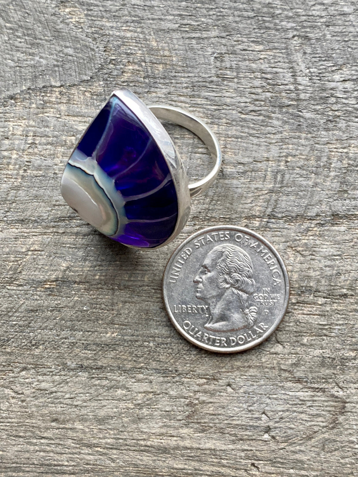 Mother of Pearl Nautilus Shell with Purple Resin 925 Silver Handmade Adjustable Ring - Crystal Healing Meditation