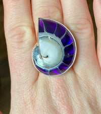 Mother of Pearl Nautilus Shell with Purple Resin 925 Silver Handmade Adjustable Ring - Crystal Healing Meditation