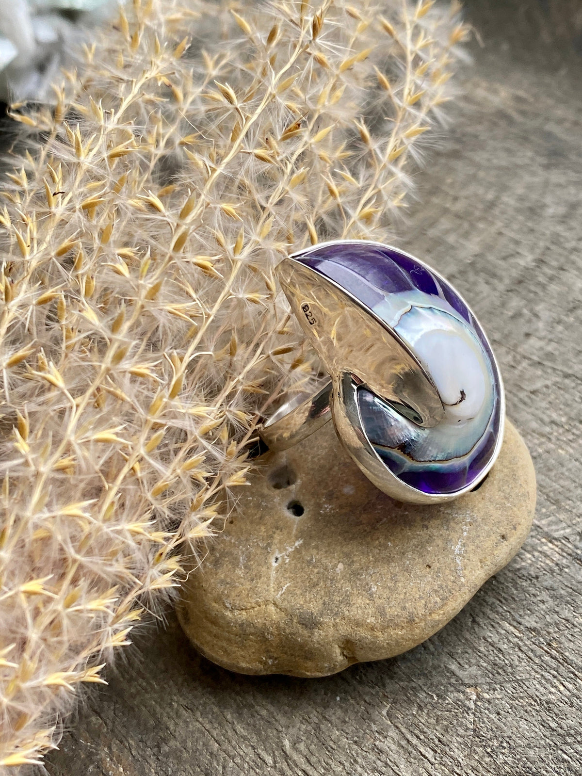 Mother of Pearl Nautilus Shell with Purple Resin 925 Silver Handmade Adjustable Ring - Crystal Healing Meditation