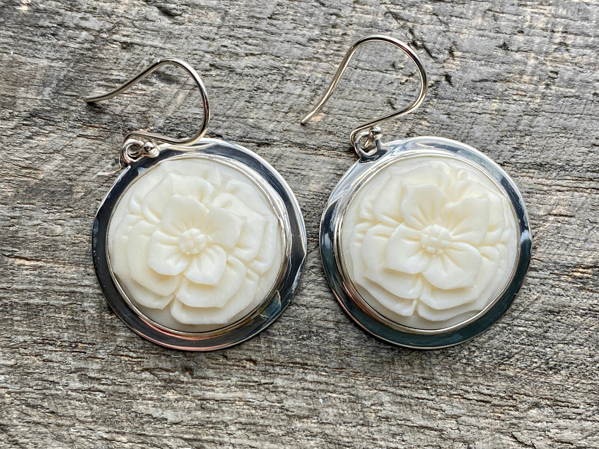 Carved Flower 925 Silver Handmade Earrings - Crystal Healing Meditation