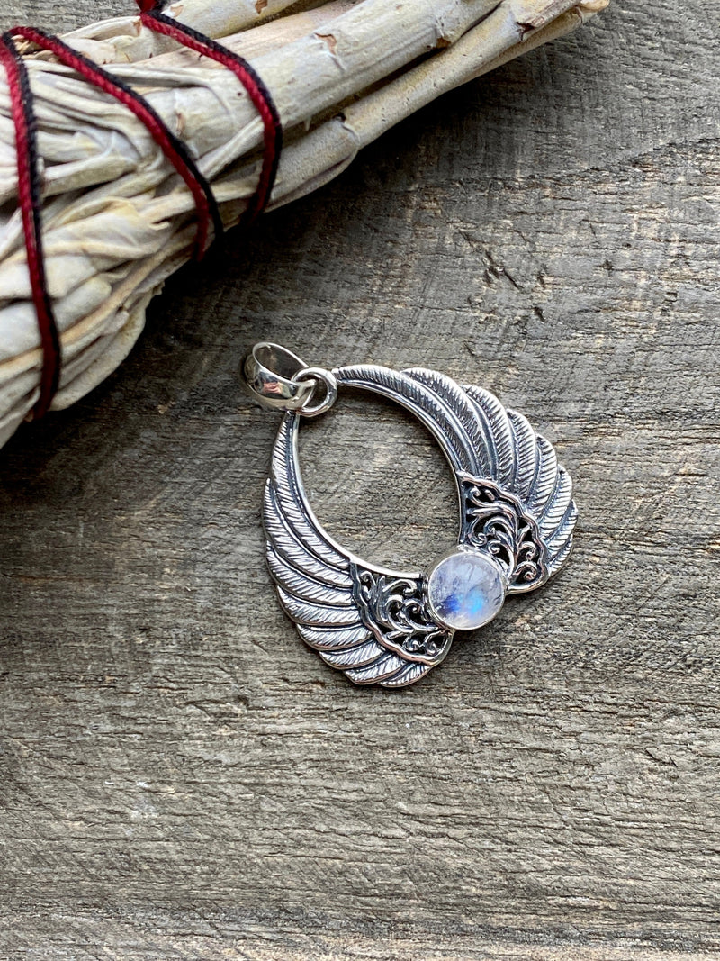 Moonstone 925 Silver Handmade Angel Wings Pendant - Crystal Healing Meditation