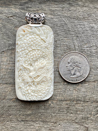 Dragon Hand Carved Bovine Bone 925 Silver Handmade Pendant - Crystal Healing Meditation