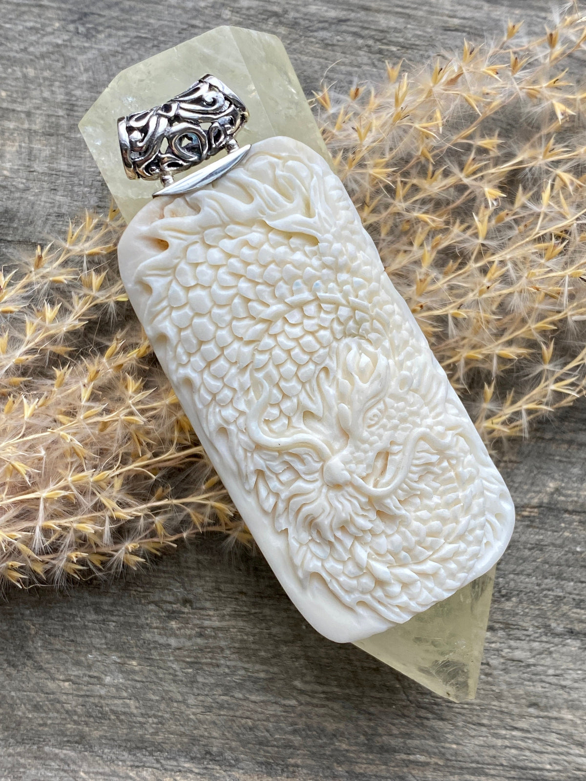 Dragon Hand Carved Bovine Bone 925 Silver Handmade Pendant - Crystal Healing Meditation
