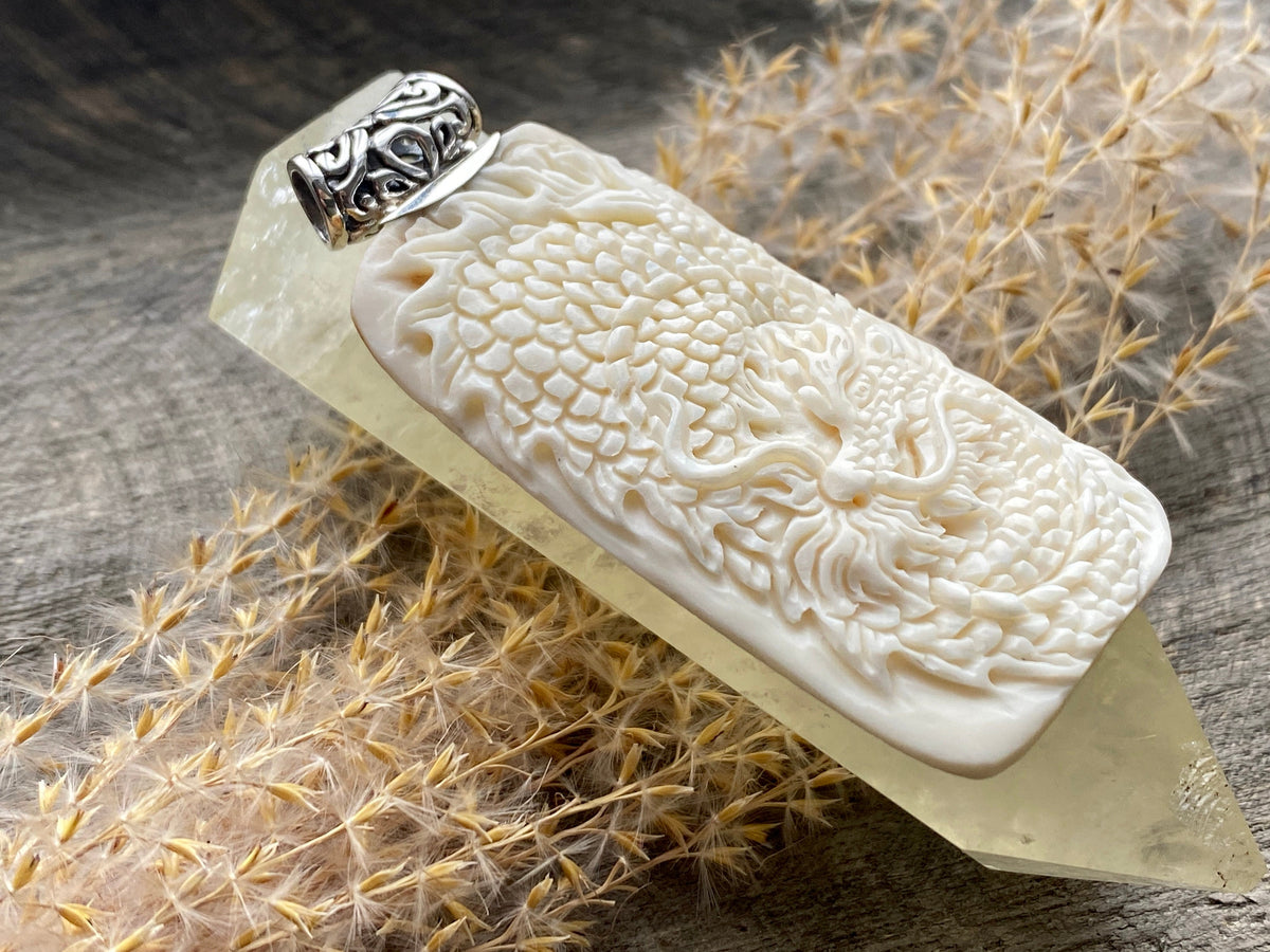 Dragon Hand Carved Bovine Bone 925 Silver Handmade Pendant - Crystal Healing Meditation