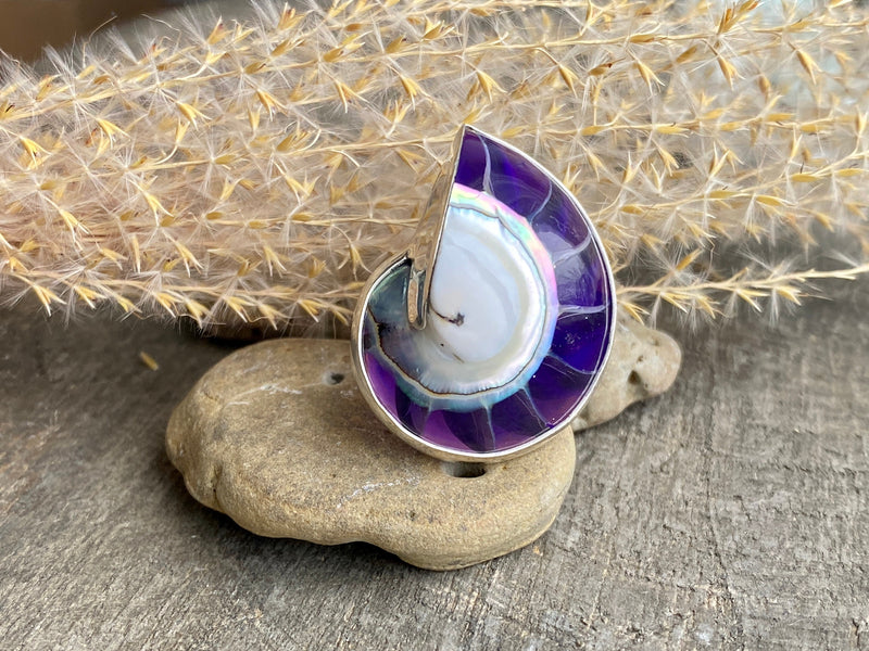 Mother of Pearl Nautilus Shell with Purple Resin 925 Silver Handmade Adjustable Ring - Crystal Healing Meditation
