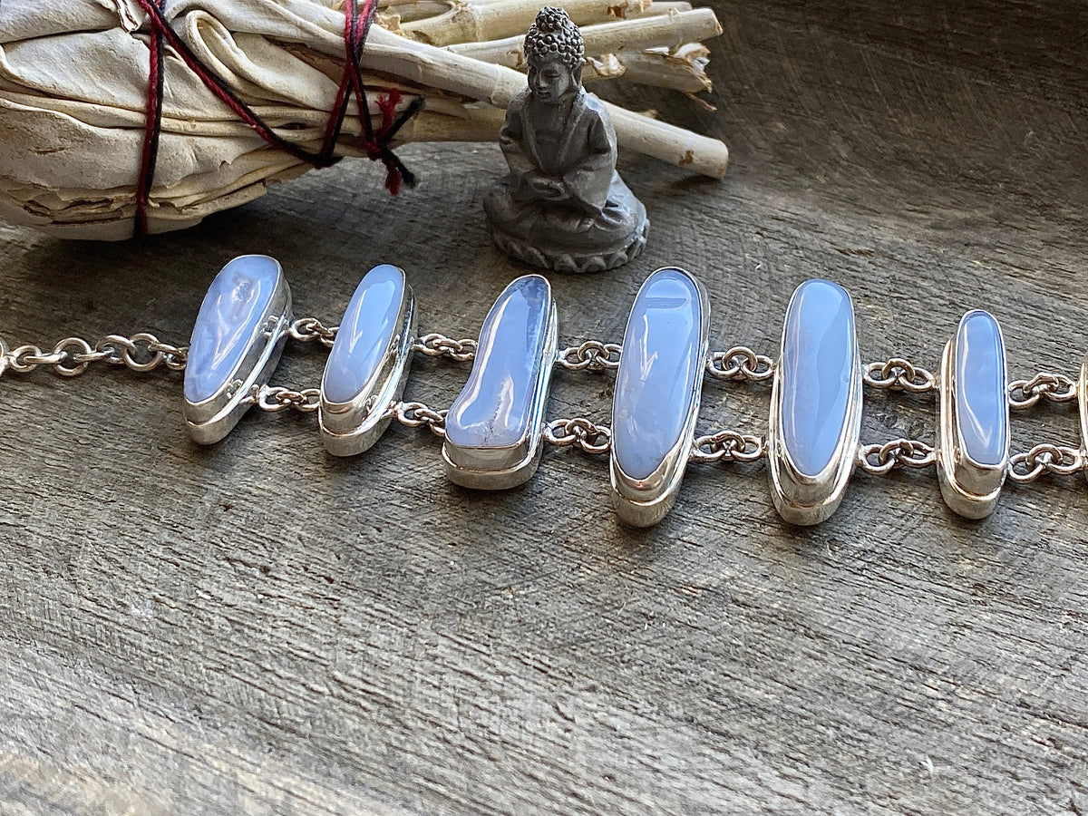 Blue Lace Agate 7 Stone 925 Silver Handmade Bracelet - Crystal Healing Meditation