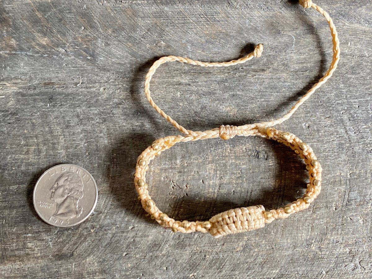 Genuine Czech Moldavite and Brass Beige Macrame Adjustable Bracelet - Crystal Healing Meditation