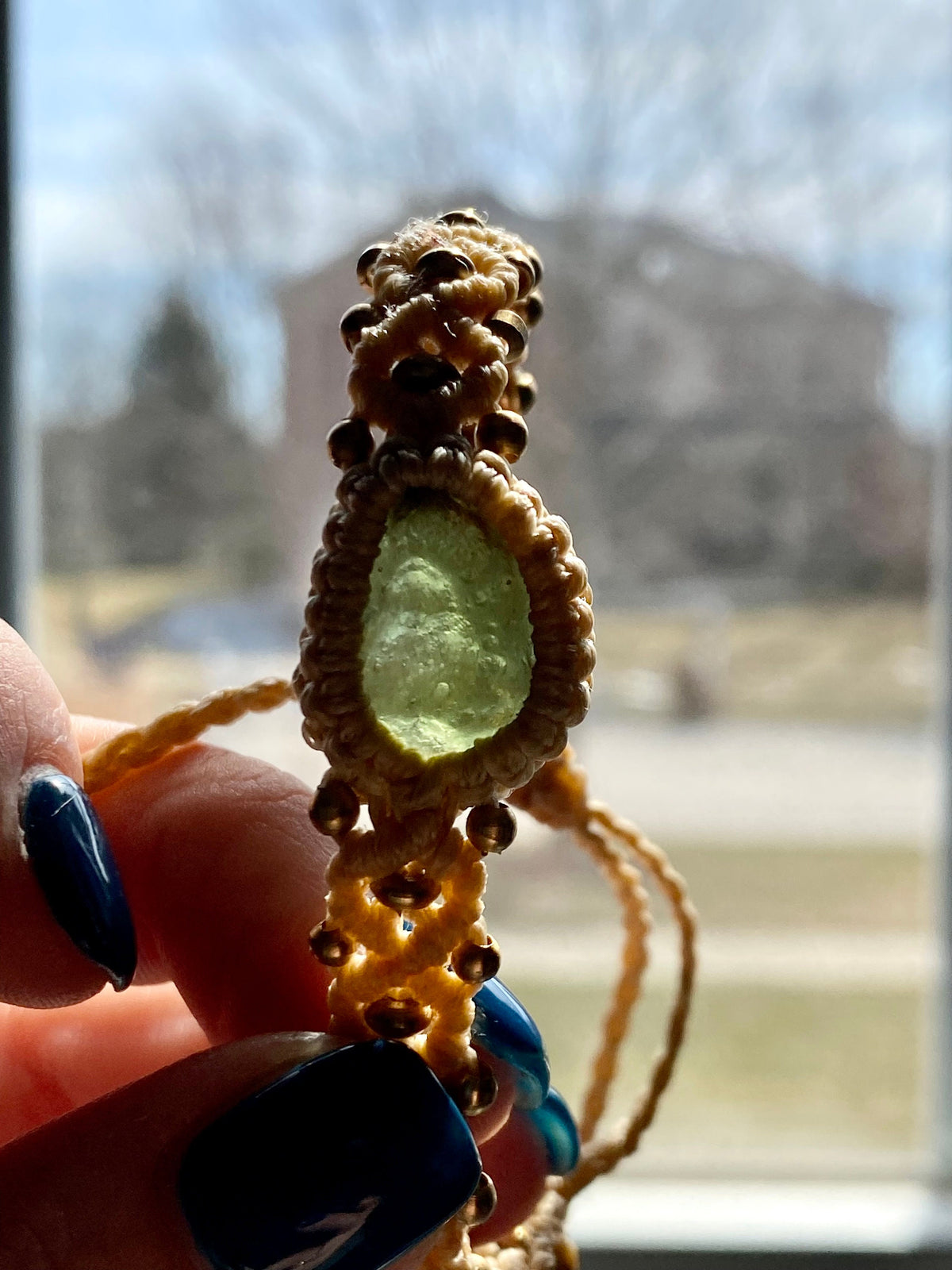 Genuine Czech Moldavite and Brass Beige Macrame Adjustable Bracelet - Crystal Healing Meditation