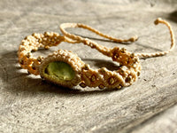 Genuine Czech Moldavite and Brass Beige Macrame Adjustable Bracelet - Crystal Healing Meditation