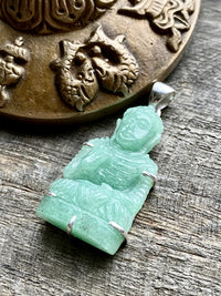 Green Aventurine Hand Carved Buddha 925 Silver Handmade Pendant - Crystal Healing Meditation