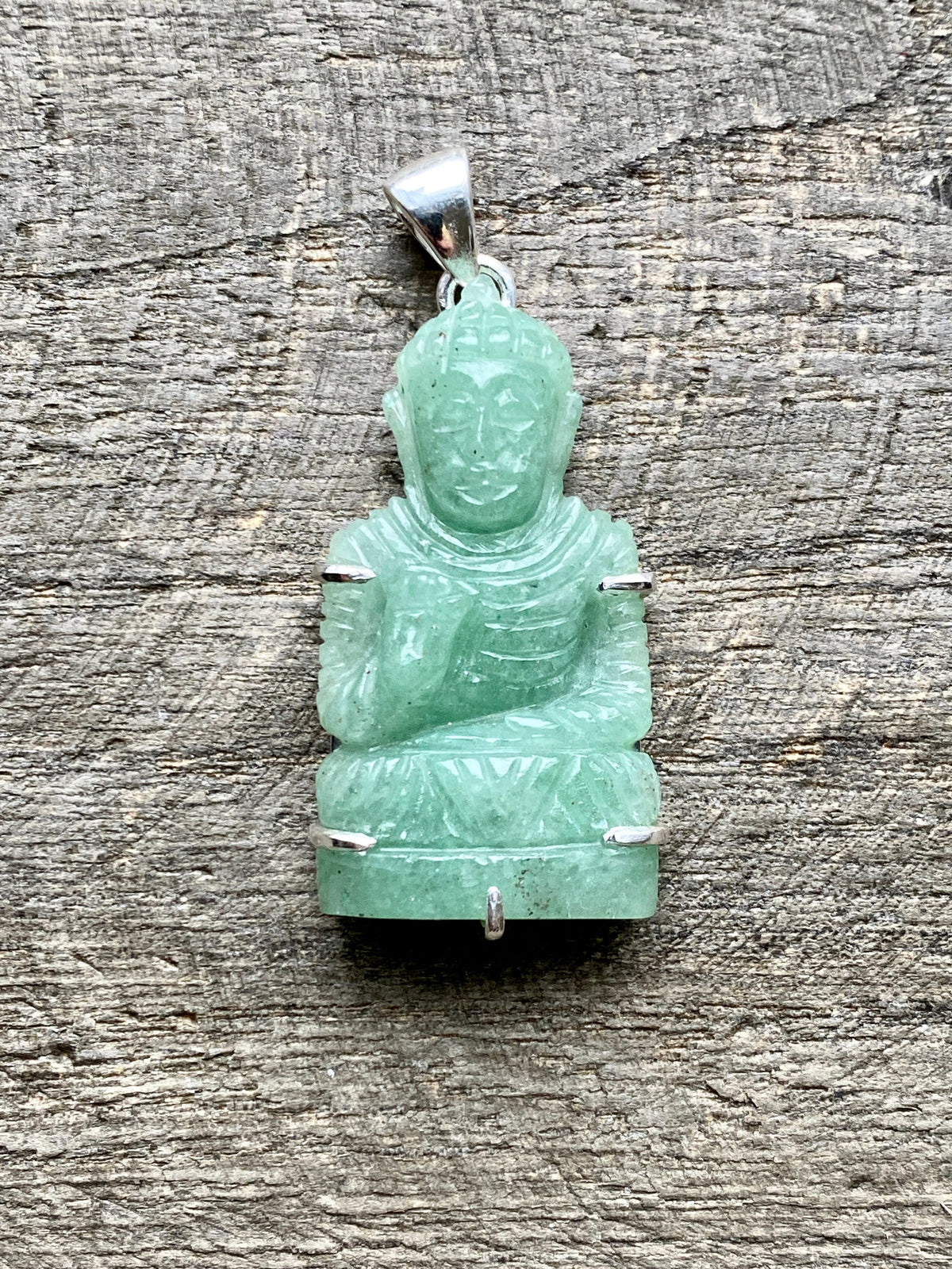 Green Aventurine Hand Carved Buddha 925 Silver Handmade Pendant - Crystal Healing Meditation