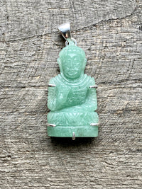 Green Aventurine Hand Carved Buddha 925 Silver Handmade Pendant - Crystal Healing Meditation