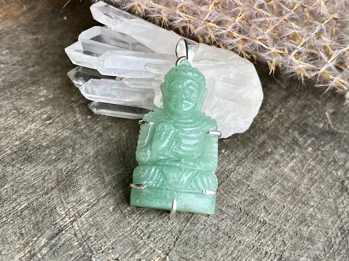 Green Aventurine Hand Carved Buddha 925 Silver Handmade Pendant - Crystal Healing Meditation