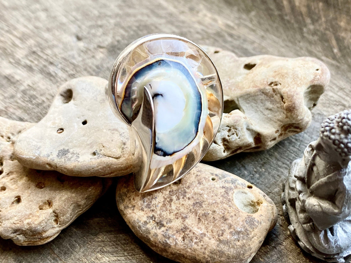 Mother of Pearl Nautilus Shell with Clear Resin 925 Silver Handmade Adjustable Ring - Crystal Healing Meditation