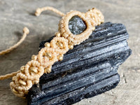 Genuine Czech Moldavite and Brass Beige Macrame Adjustable Bracelet - Crystal Healing Meditation