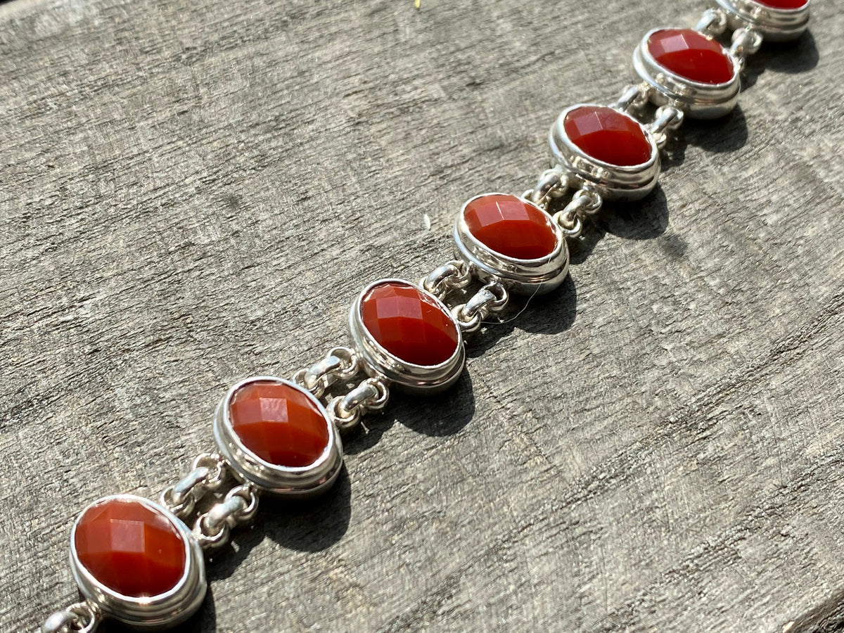 Gorgeous Carnelian Oval Faceted Double Chain 925 Silver Bracelet - Crystal Healing Meditation
